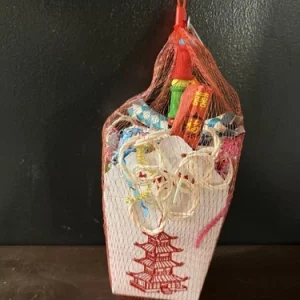 Colorful Wooden Bird Foraging Toy with Mesh Bag and Shredded Paper